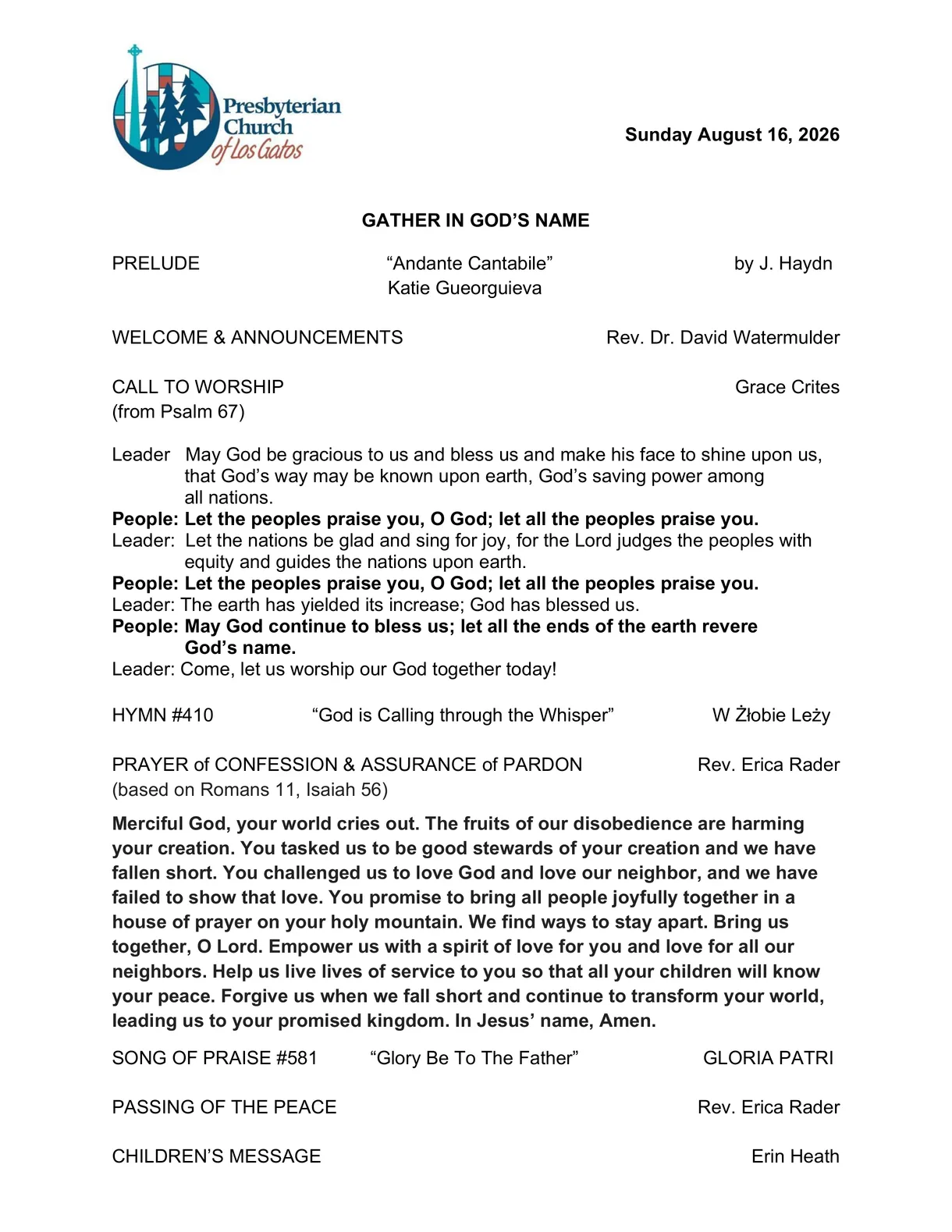 Page one of the latest worship bulletin, dated Sunday, August 16, 2026.