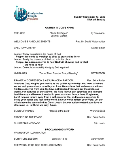 Page one of the bulletin for Sunday, September 13, 2026: the PCLG mark, the date, and the opening of the order of worship.