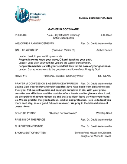Page one of the bulletin for Sunday, September 27, 2026: the PCLG mark, the date, and the opening of the order of worship.