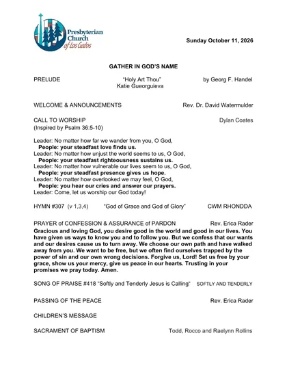 Page one of the bulletin for Sunday, October 11, 2026: the PCLG mark, the date, and the opening of the order of worship.